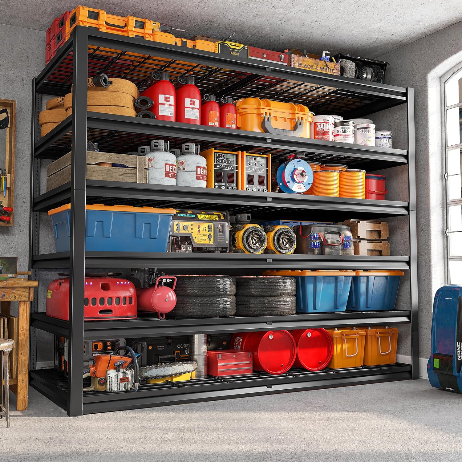 REIBII 3500LBS Garage Shelving, Adjustable Storage Shelves Heavy Duty, 6 Tier Heavy Duty Shelving, Metal Shelving Unit for Warehouse, Basement, Industrial, 55" W x 26" D x 84" H, Black, 3 Pack