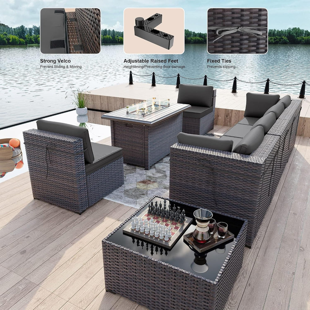 Kullavik 8 Piece Outdoor Wicker Patio Furniture Set with Fire Pit Table
