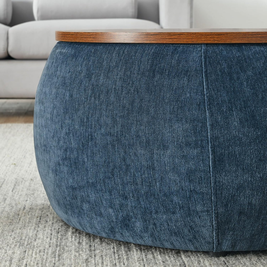 2 in 1 Round Storage Ottoman, Convertible End Table Ottoman with Small Seat, Multi-Functional Padded Hidden Storage Ottoman for Living Room Bedroom (Dark Blue)