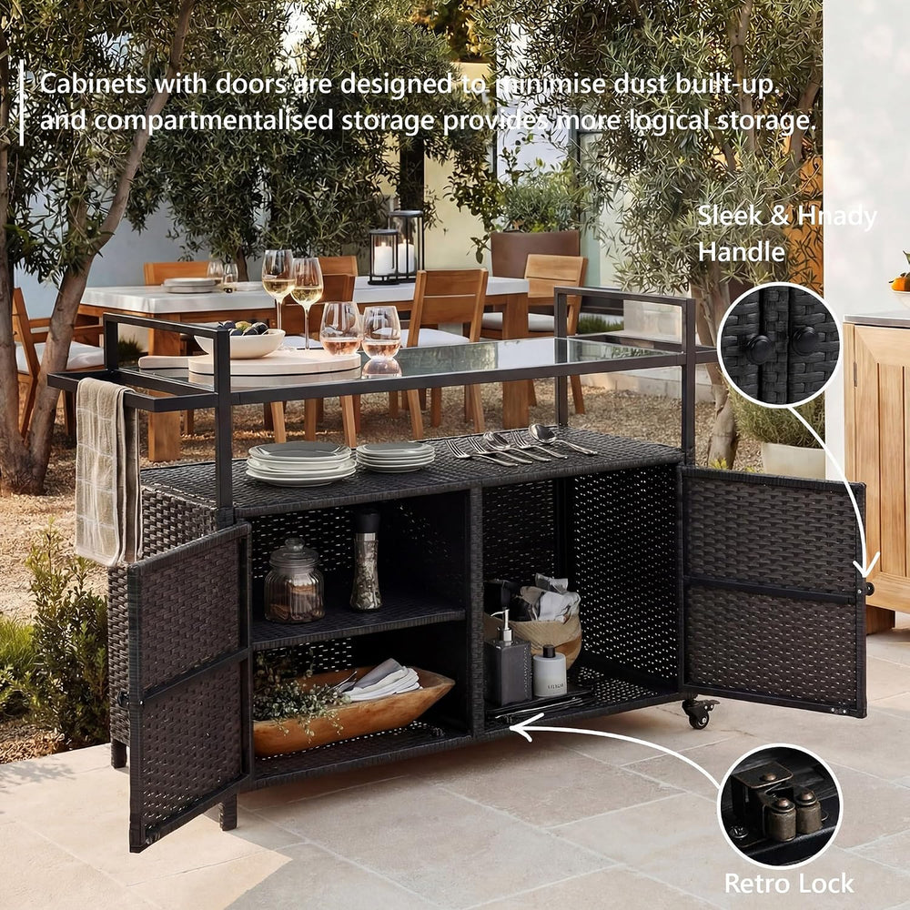 51.2" Wicker Outdoor Bar Cart - Brown Patio Console Storage Table Buffet...