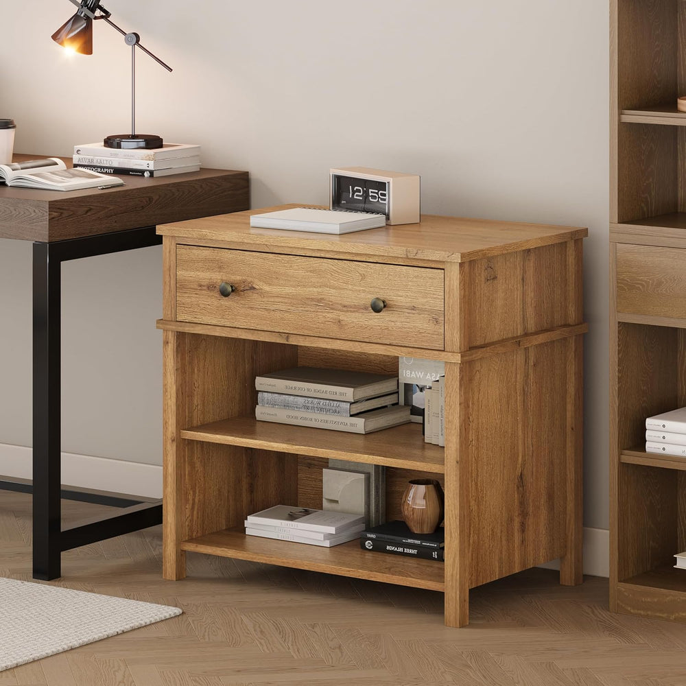 End Table with Drawer and 2 Tier Shelves, Wood Sofa Side Table for Living Roo...