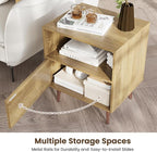 Wood Night Stand Set 2,Modern Bedside Table with Door and Open Storage,Fluted Nightstand and Wood End Side Table with Rose Gold Metal Legs and Handles for Bedroom,Living Room,Natural