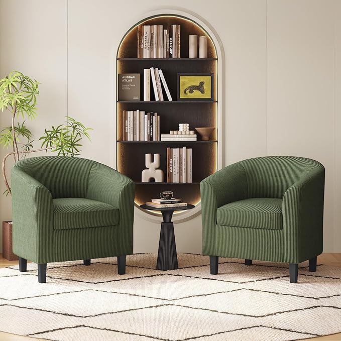 Yaheetech Corduroy Barrel Chairs Set of 2, Upholstered Club Chairs Accent Chairs, Round Armchairs Waiting Room Chairs with Soft Cushion for Living Room Bedroom Reading Room, Dark Green