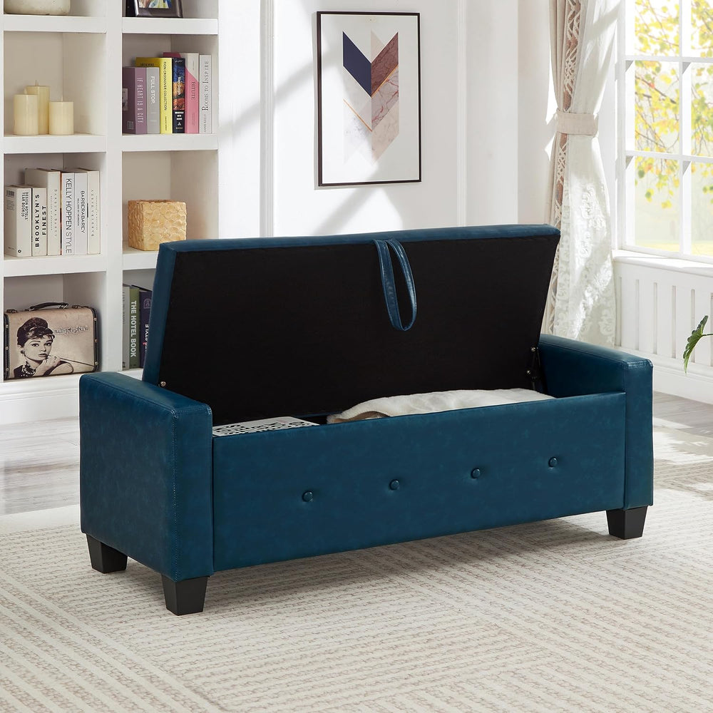48" Storage Ottoman Bench, Blue | Faux Leather, Lift Top, For Living Roo...