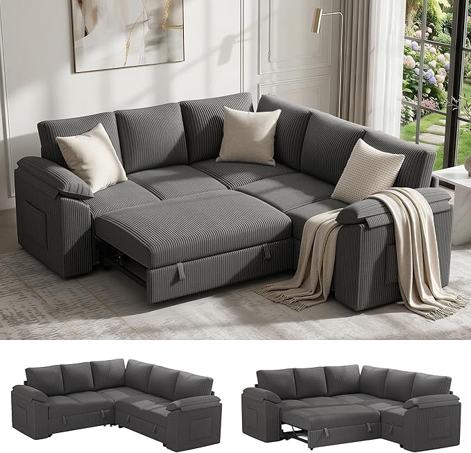 85 Inch Modular Sectional Sofa with Pull Out Couch Bed, L Shaped 5 Seat Sectional Couch with Storage, Corduroy Sectional Couches for Living Room, Cloud Modular Couch, Removable Sofa Cover, Dark Grey