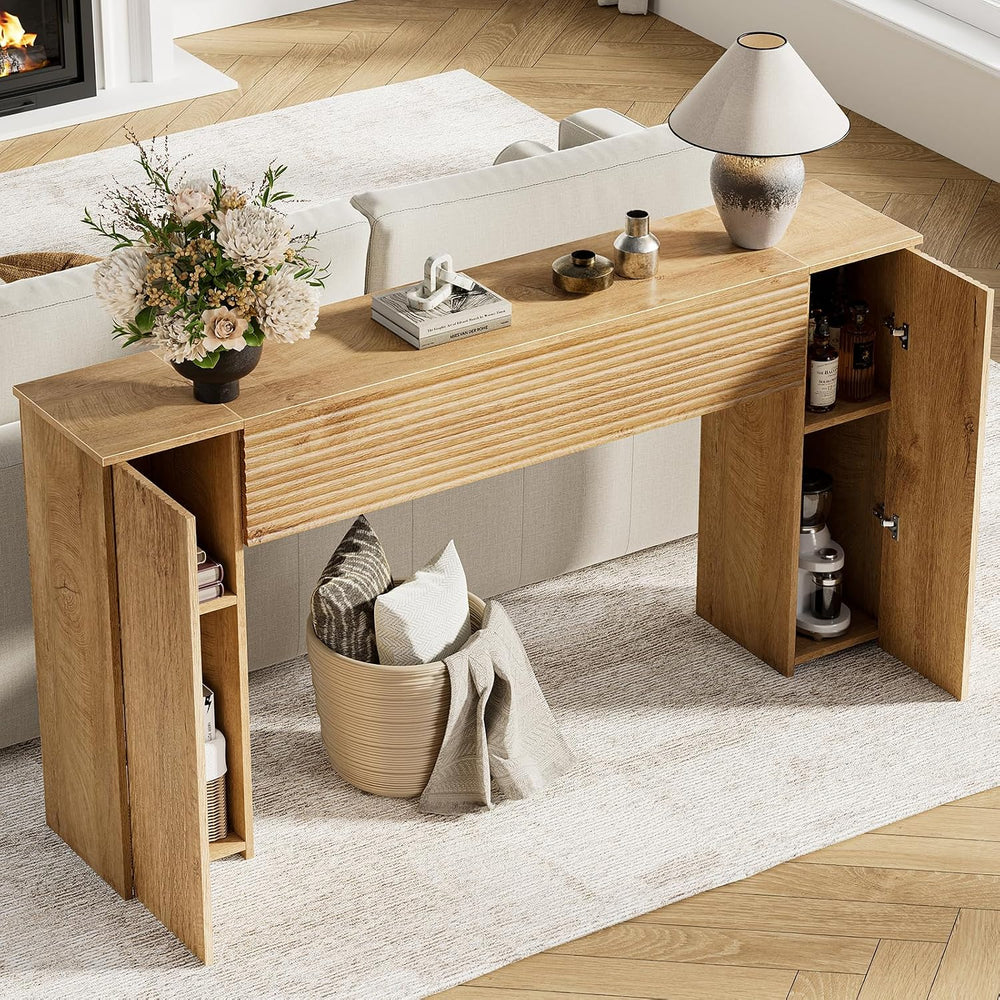 FABATO 61” Fluted Long Console Table with 2 Hidden Storage Cabinets, Wood | W...