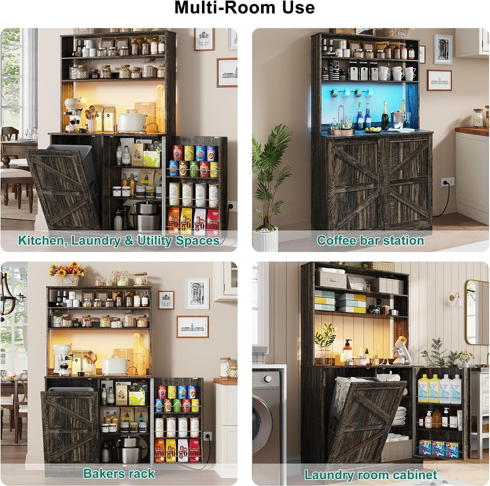 Squireewo 63" H Pantry Cabinets with 10 Gallon Trash Can,Led Light,Outle...