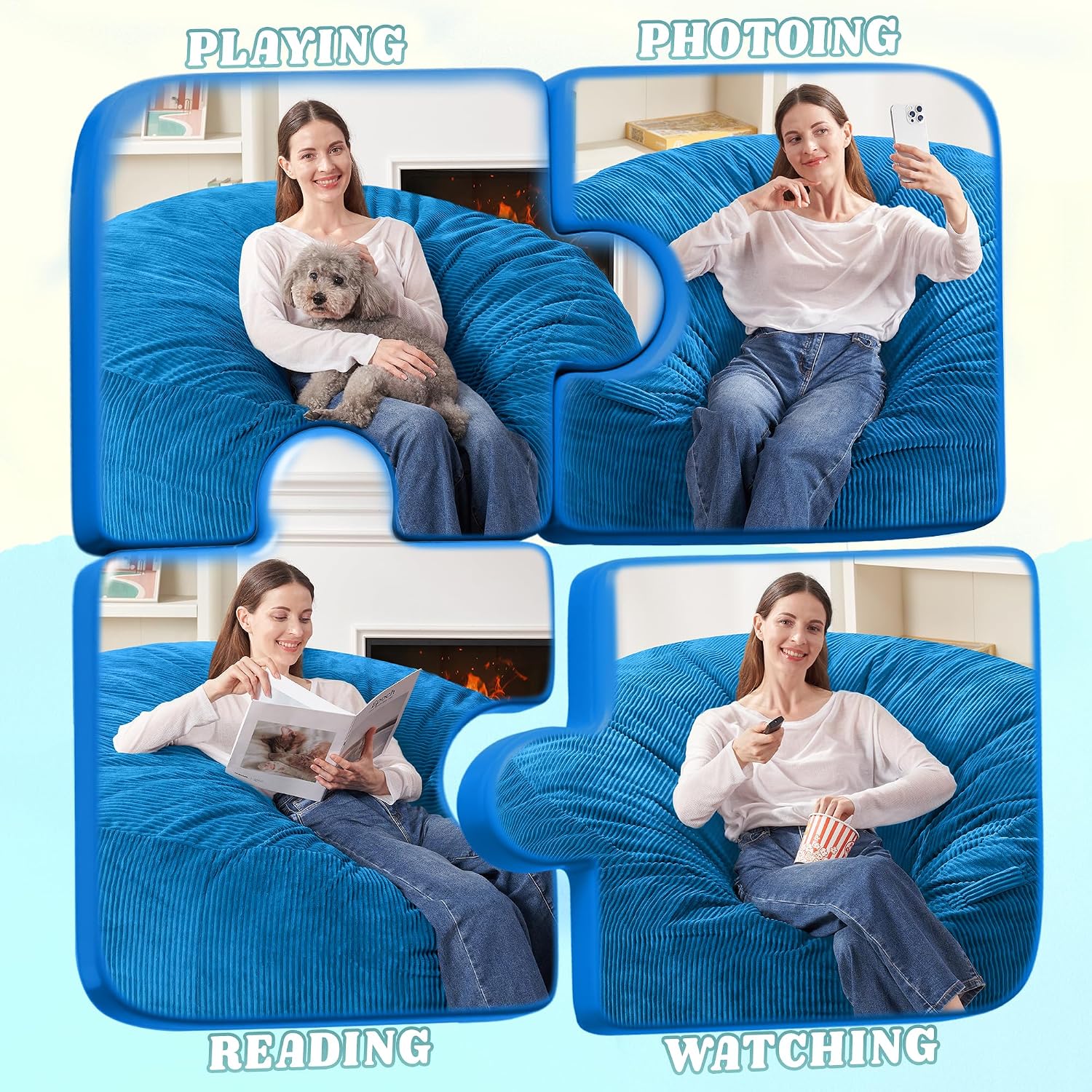 HABUTWAY 3FT Bean Bag Chair,Giant Bean Bag Chairs for Adults,Big Bean Bags with Memory Foam Filled, Large Beanbag Chairs with Soft Corduroy Cover-Blue