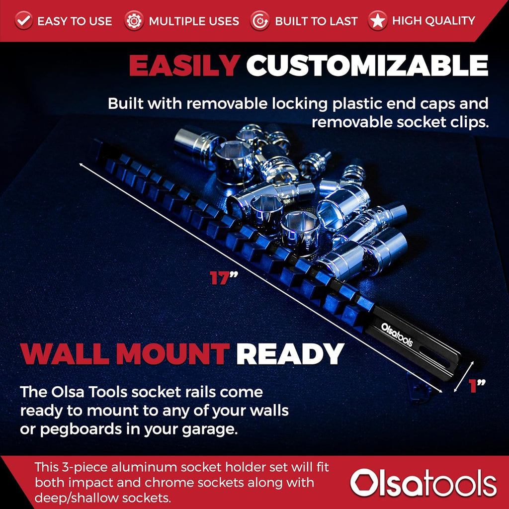Olsa Tools Aluminum Socket Organizer, 3pc Set - Locking End Caps - 1/4-Inch Drive x 24 Clips, 3/8-Inch Drive x 18 Clips, 1/2-Inch Drive x 16 Clips - Professional Grade - Black - Part: 1181
