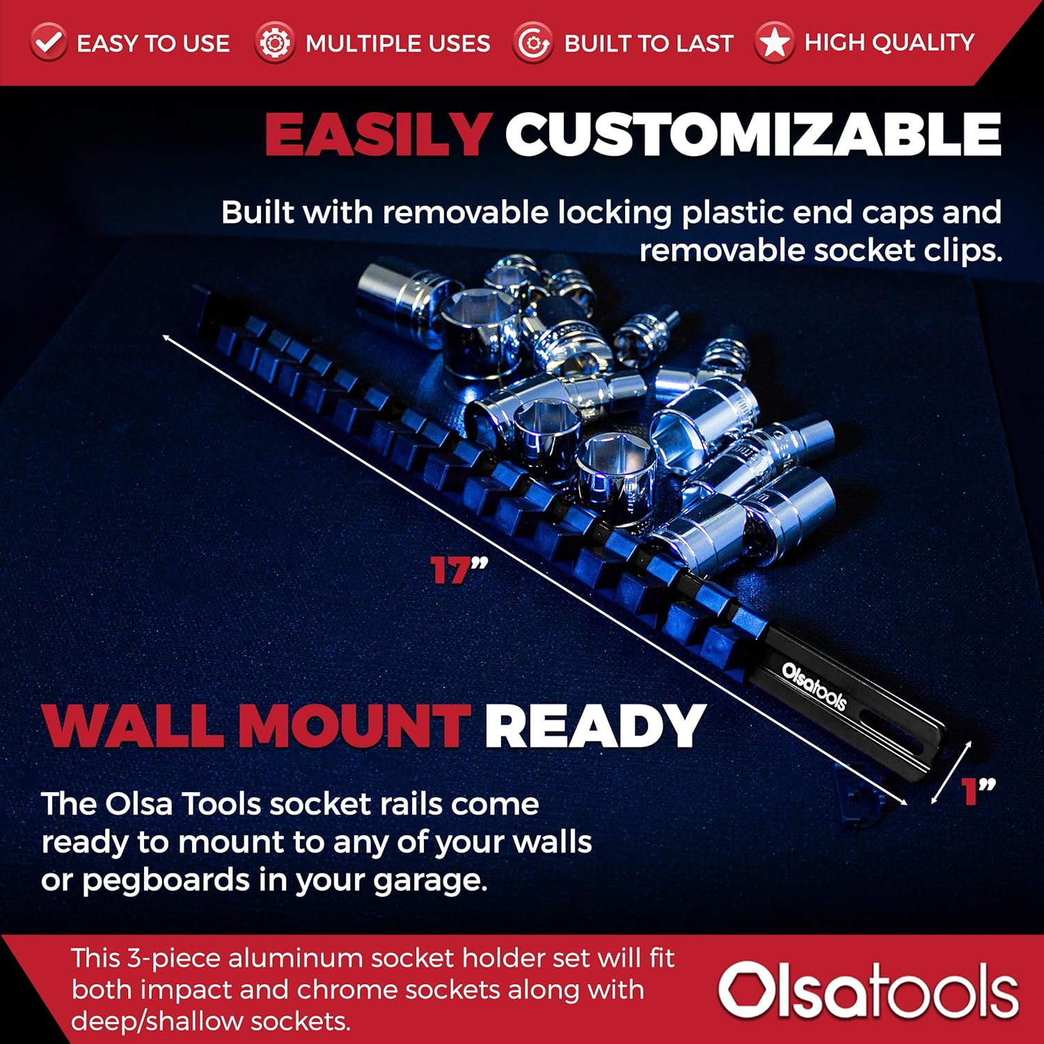 Olsa Tools Aluminum Socket Organizer, 3pc Set - Locking End Caps - 1/4-Inch Drive x 24 Clips, 3/8-Inch Drive x 18 Clips, 1/2-Inch Drive x 16 Clips - Professional Grade - Black - Part: 1181