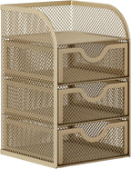 EasyPAG Mesh Desk Organizer with 3 Drawer Office Desktop Organizers and Accessories Stationery Caddy for Office, Home, Students, Gold