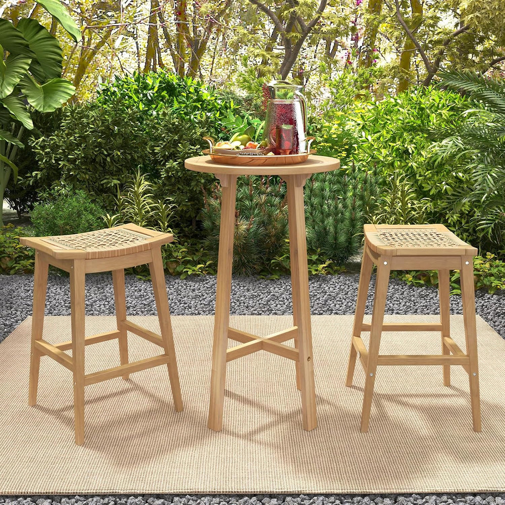 Tangkula Wood Bar Stool Set of 2, 29” Patio Rattan Acacia Barstool with Footr...