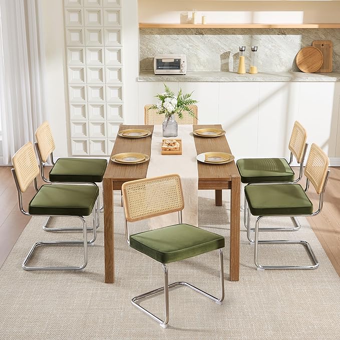 Zesthouse Natural Rattan Dining Chairs Set of 6, Olive Green Modern Kitchen Chairs with Solid Wood Back & Chrome Base, Mid Century Breuer Design Inspired, Upholstered Luxurious Velvet Fabric