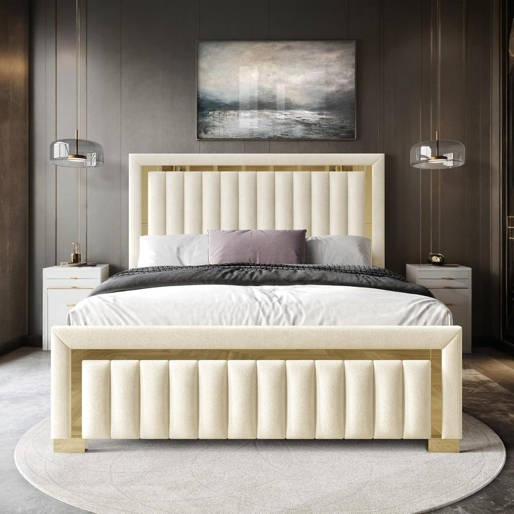 HOME DESIGN Olathe King Size Upholstered Panel Bed Frame, Vertical Channel Tu...