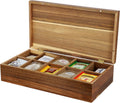 Elama Acacia Wood 14.25 x 7.5 Inch 10 Compartment Tea Box, Tea Bag Organizer, Magnetic Lid, Kitchen Storage