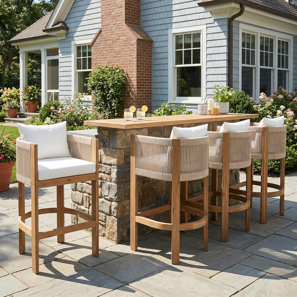 Merax Outdoor Bar Stools Set of 4, Rope Rattan Patio Barstools with Footrest ...