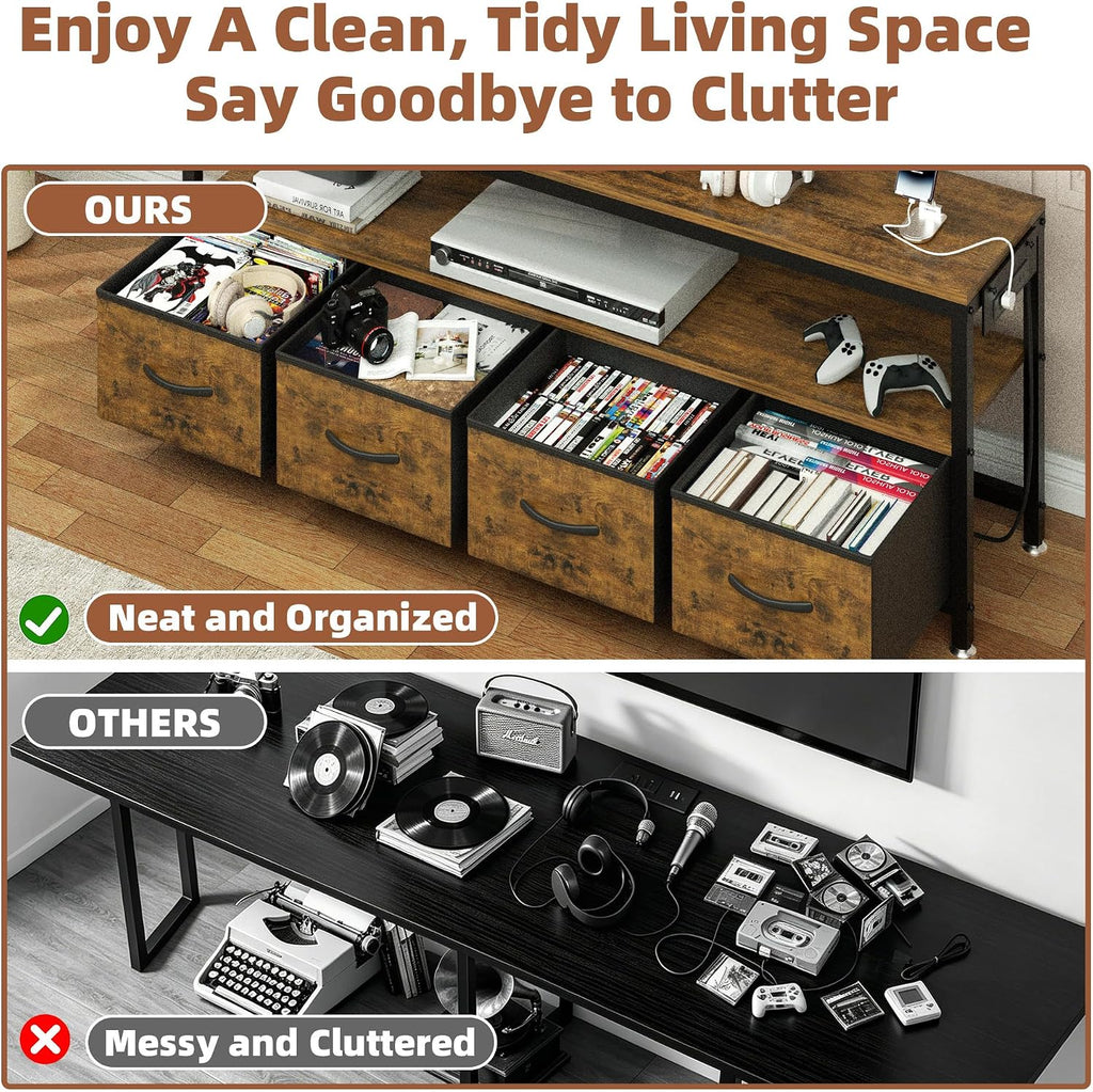 JUSTOGO TV Stand with Mount & Power Outlet for 32-70 Inch TVs, Rustic Brown | TV Console with Drawers & Led Lights, AC Outlets & USB Ports, For Living Room, Bedroom, Height Adjustable, Swivel TV Cabinet