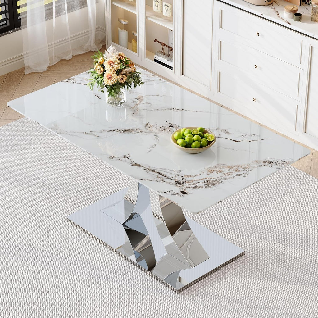 Knocbel 63" Glass Dining Table for 6-8, Kitchen Table with Faux Marble Tabletop and Stainless Steel C-Shaped Pedestal Base, Modern Rectangular Dinner for Apartment Home, Silver & Printed Glass
