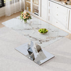 Knocbel 63" Glass Dining Table for 6-8, Kitchen Table with Faux Marble Tabletop and Stainless Steel C-Shaped Pedestal Base, Modern Rectangular Dinner for Apartment Home, Silver & Printed Glass