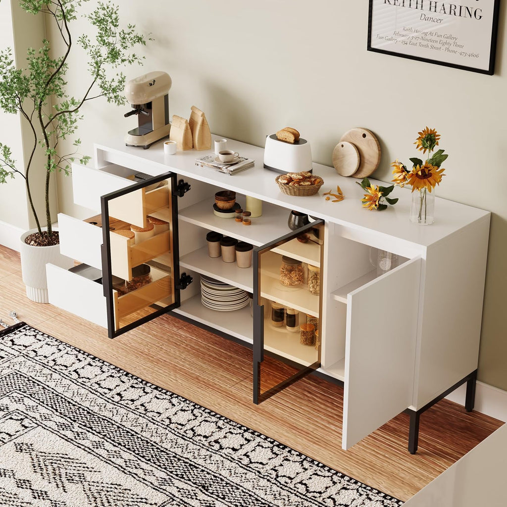 Freestanding Storage Cabinet with 3 Dawers, 3 Shelves, Single Door & French Door, Rectangular Wood Kitchen Pantry, Modern Minimalist, for Living Room, Dining Room, White