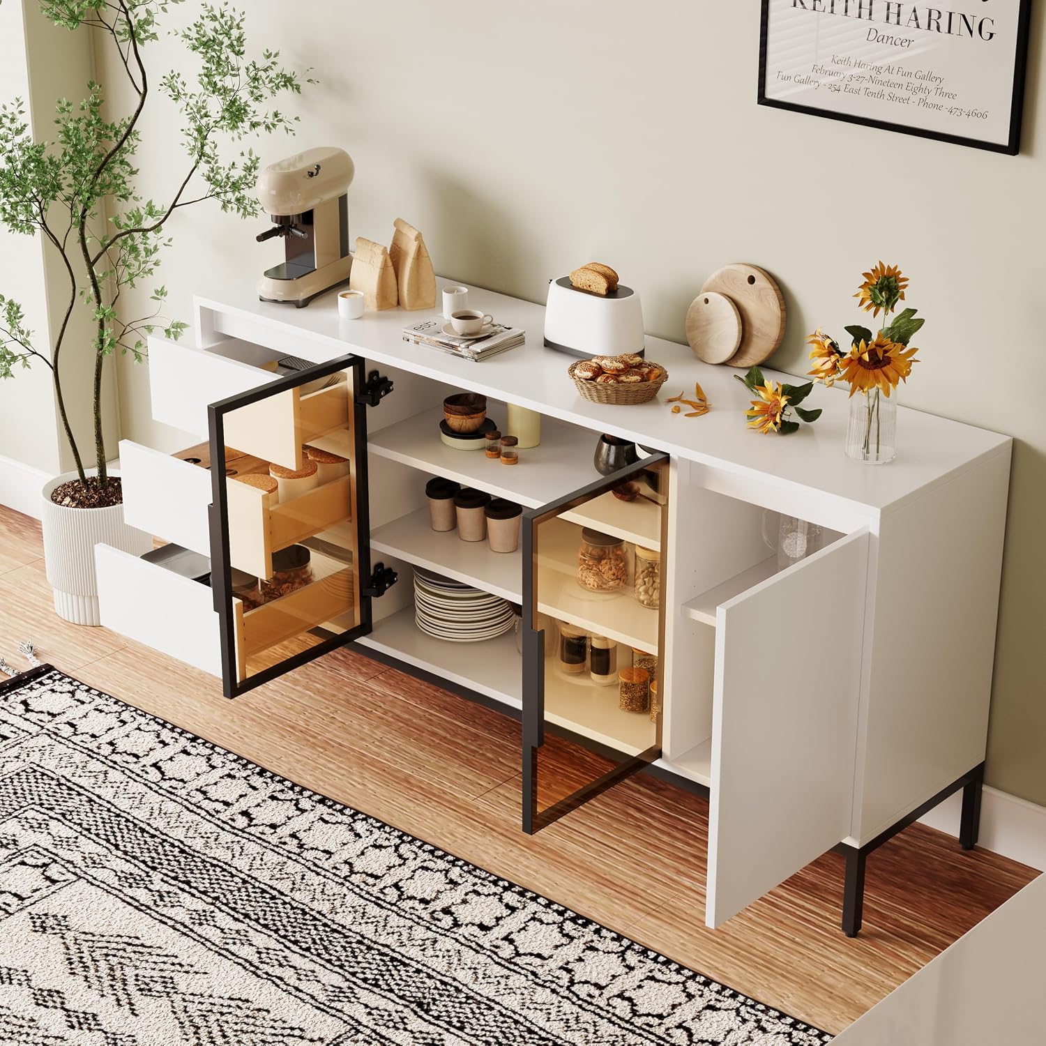 Freestanding Storage Cabinet with 3 Dawers, 3 Shelves, Single Door & French Door, Rectangular Wood Kitchen Pantry, Modern Minimalist, for Living Room, Dining Room, White