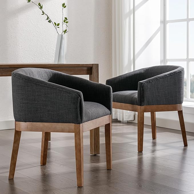 Dining Chairs Set of 8 Mid-Century Modern Dining Chairs, Linen Upholstered Kitchen Dining Room Chairs, Curved Backrest Dining Chair with Wood Legs, Charcoal