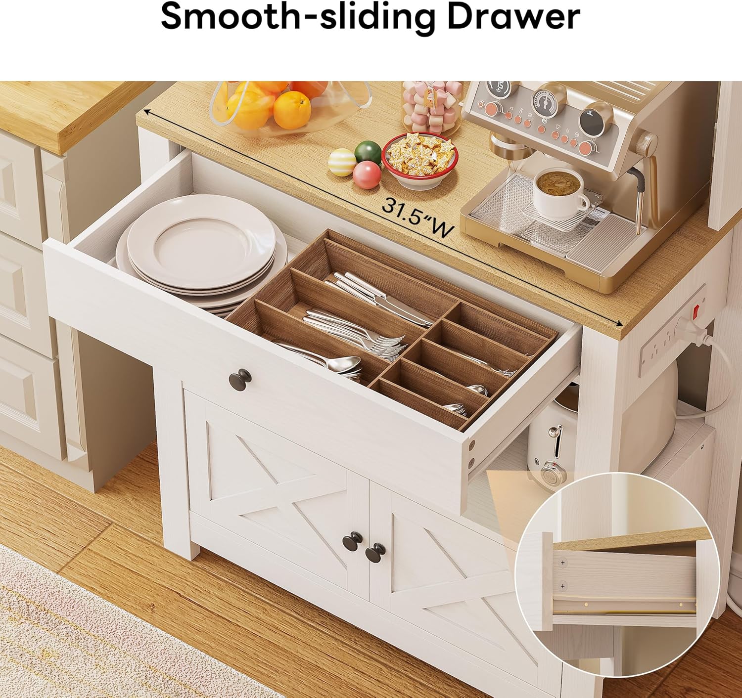 LIKIMIO Baker Rack with Spill-Safe Power Outlet & Drawer, Coffee Bar Cabinet with Storage, Farmhouse Microwave Stand with Hutch and 5 Hooks for Kitchen, White