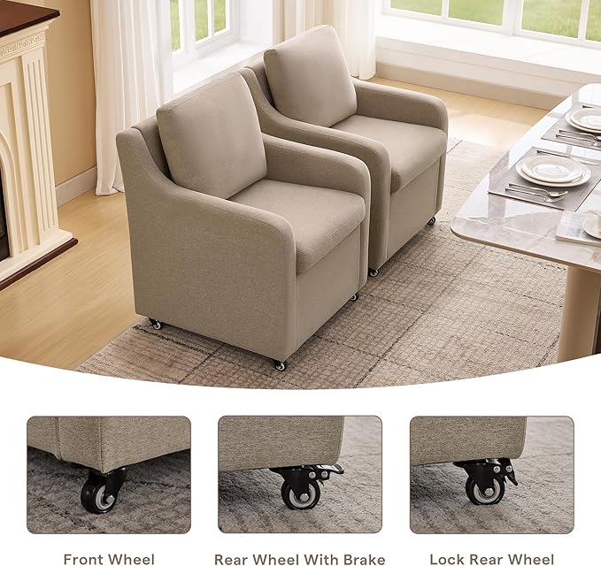 Rolling Dining Chair with Wheels, Upholstered Modern Single Armchair with Casters for Kitchen (2, Fabric Camel)