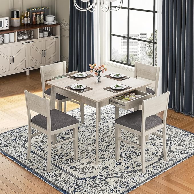 38.2'' Square Solid Wood Dining Table for 4, Farmhouse Kitchen Table for Kitchen, Dining Room, Restaurant, Natural Eco-Friendly, Washed Gray