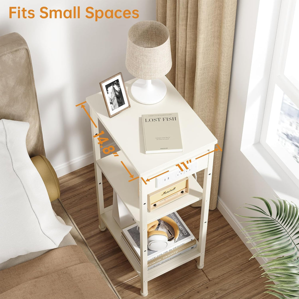 Asgolion Tall End Table with Charging Station, Narrow Tall Side Table | 3 Tier Narrow Tall Nightstand with Storage, Slim Tall Bedside Table for Bedroom, Living Room, Office, Cream White