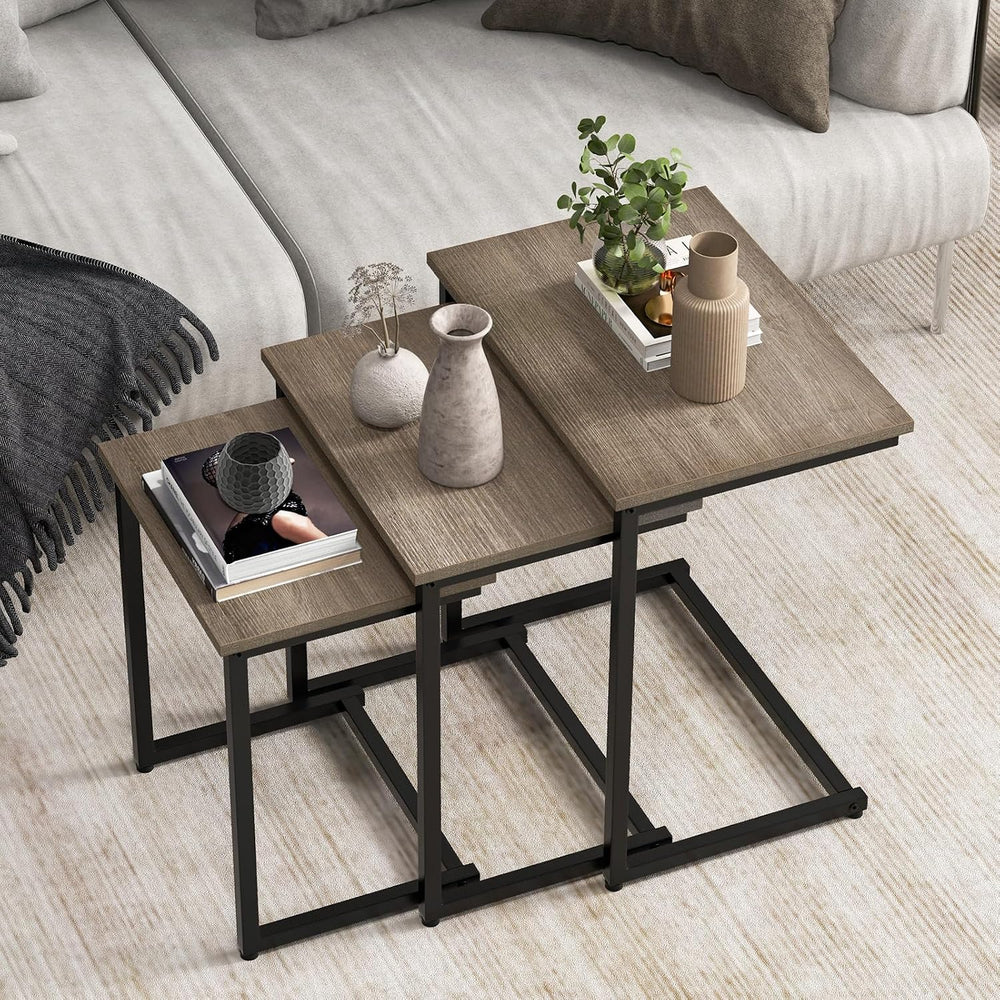Giantex Nesting Coffee Table Set of 3, Stackable Square End Table w/Wood Grai...