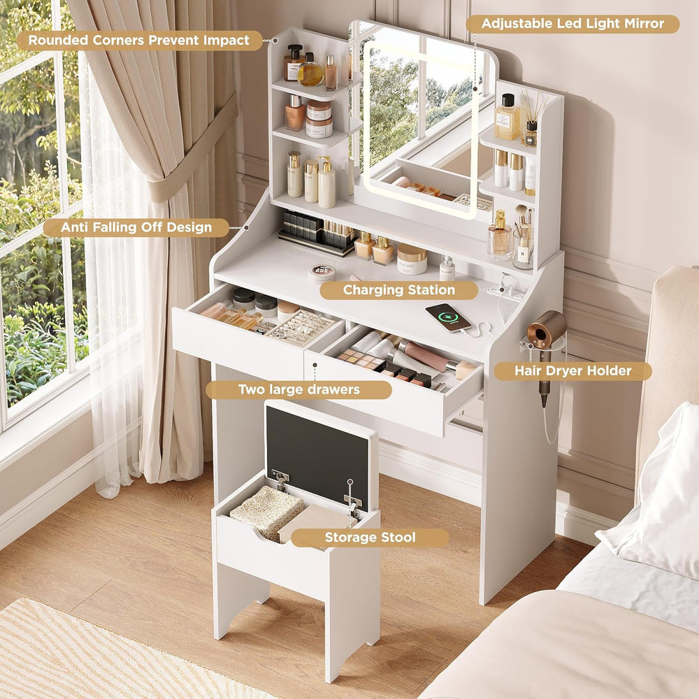 Vabches Vanity Desk with Mirror and Lights, Vanity with Lighted Mirror | Whit...