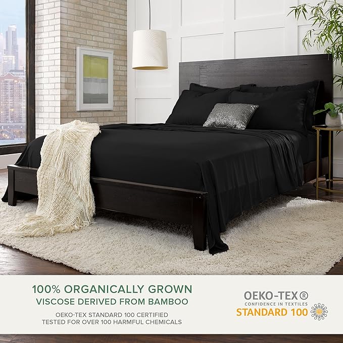 Split King Sheets by Pure Bamboo, Genuine 100% Organic Viscose Derived from Bamboo Bed Sheet Set, Soft & Cooling, Double Stitching *Not for Split Top (Split King, Black)