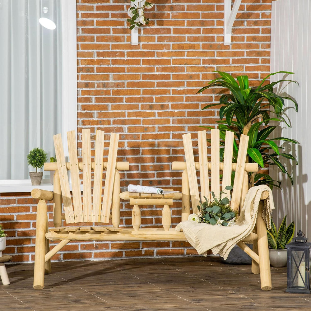 Adirondack Loveseat Chair, 2-Seat Wooden Patio Bench with Built-in Table, Out...