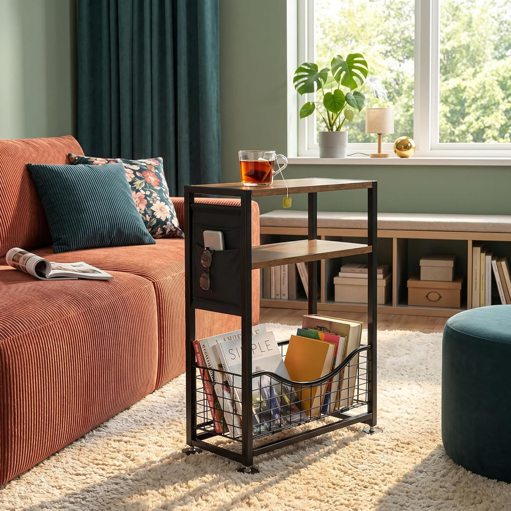Skinny Side Table with Storage, 3 Tier Slim Side Tables for Small Spaces, Ski...