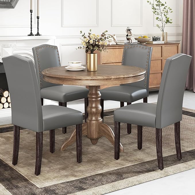LSSBOUGHT Dining Chair Upholstered Parsons Kitchen Chair with Copper Nails and Solid Wood Legs for Dining Room,Restaurant (Light Grey, 4PCS)