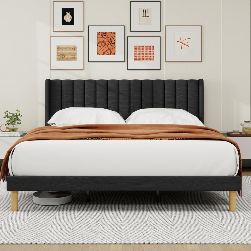 alazyhome King Bed Frame with Linen Upholstered Headboard, Black