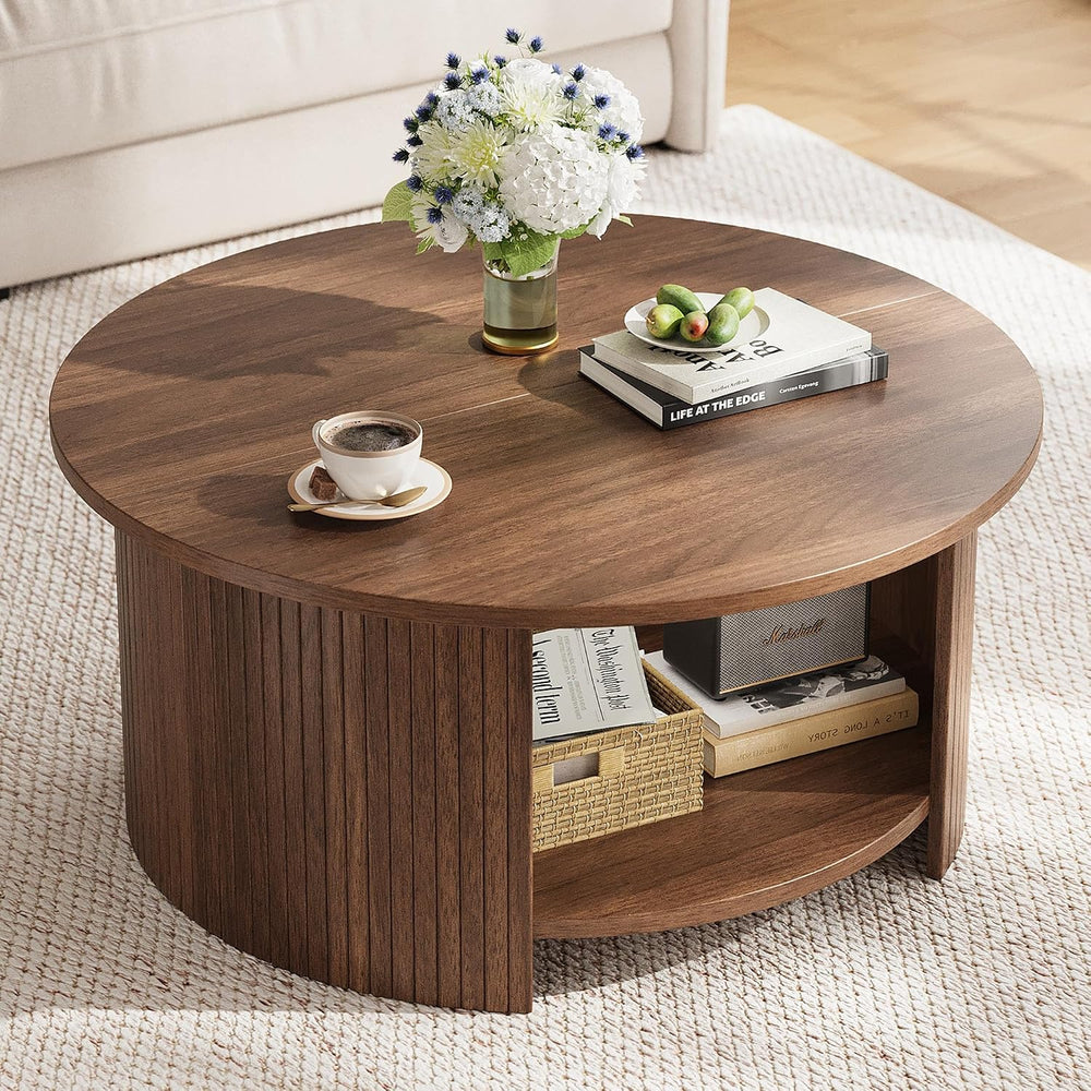 Round Coffee Table with Storage, 31.5" Modern Fluted Center Table, 2-Tie...