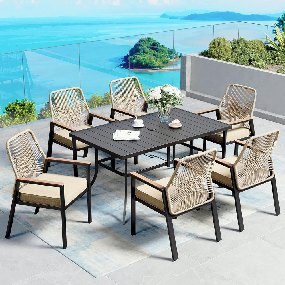 SUNSHINE VALLEY 7pc Patio Dining Set, 59" Metal Table & 6 Rattan Chairs