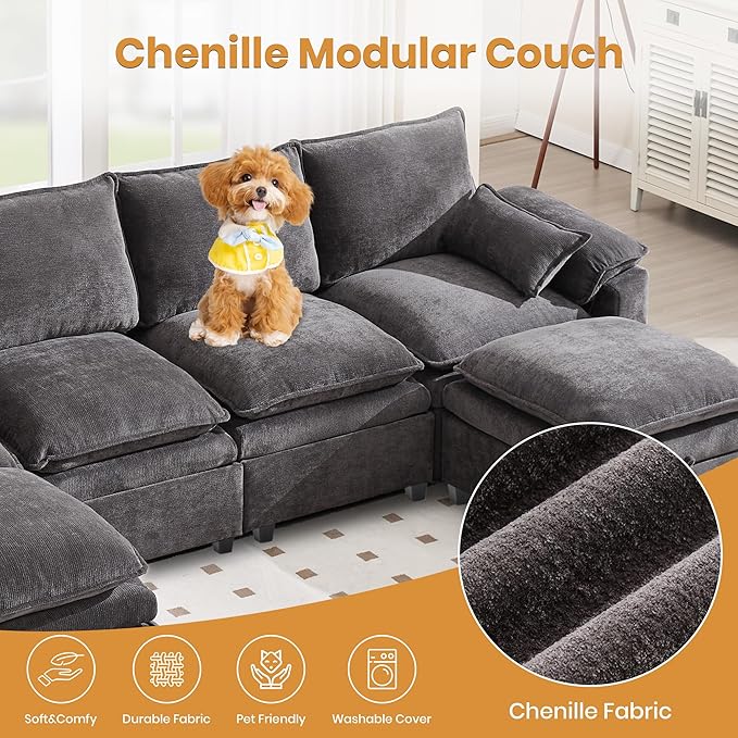 130" U Shaped Modular Sectional Sofa, Couch with Ottoman Storage, Chenille Cloud Couch with Plush Deep Seating for Living Room, Bedroom (Grey, 6 Seat)