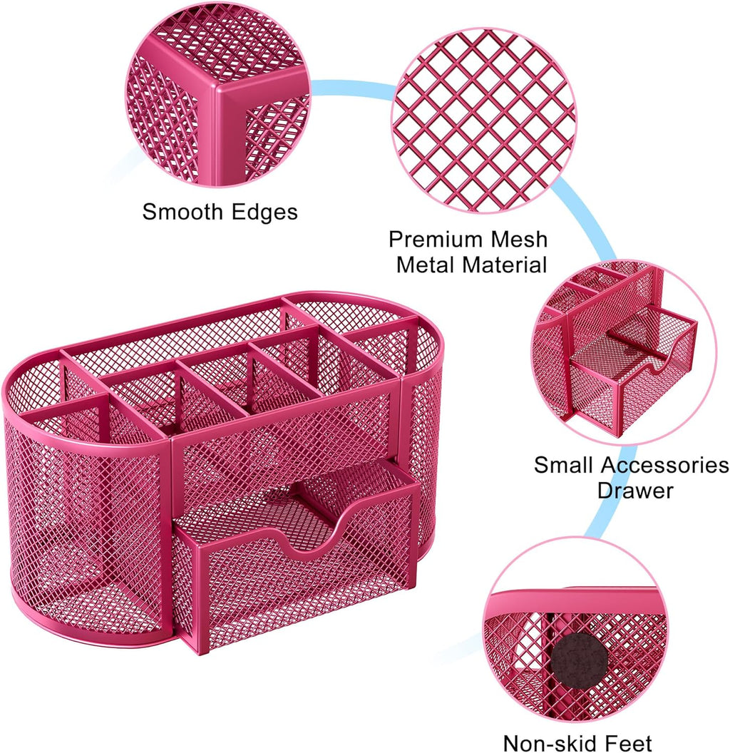 EasyPAG Mesh Pen Holder Desk Organizer with Drawer Stationery Supplies Organizer for Dorm School 9 Compartments Workspace Desk Accessories Organization for Office, Hot Pink