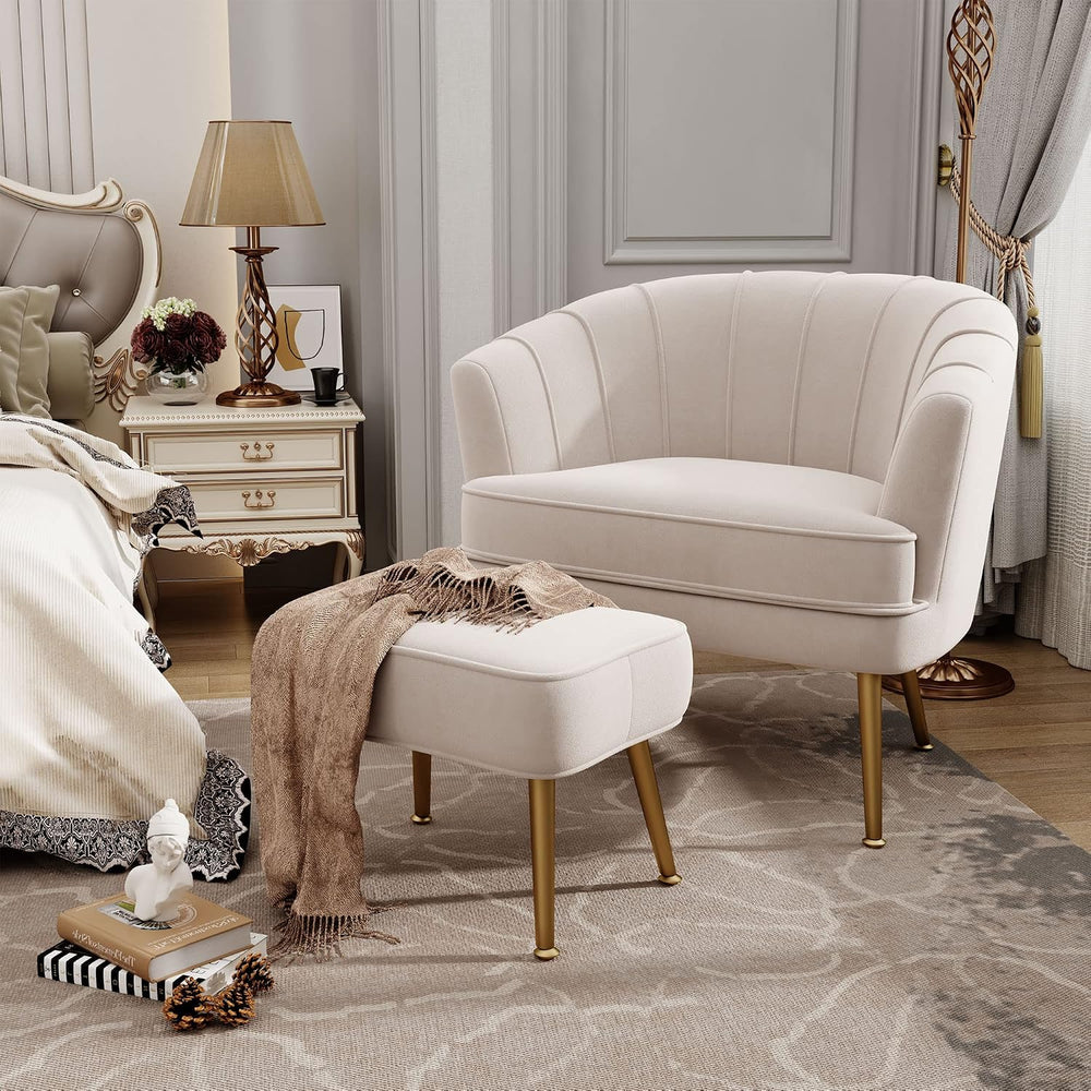 Andeworld Velvet Accent Chair with Ottoman, Barrel Armchair, Beige | Velvet U...