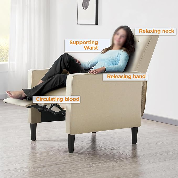 Yaheetech Fabric Recliner Chair Mid-Century Modern Recliner Adjustable Single Recliner Sofa with Thicker Seat Cushion Tufted Upholstered Sofa with Pocket Spring for Living Room Bedroom Beige