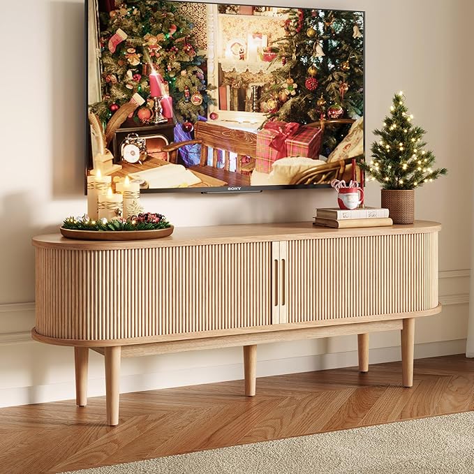 LINSY Home TV Stand for 65" TV, Mid-Century Modern 58" Entertainment Center with Sliding Tambour Door and Storage Cabinet, Cruved TV Media Console Table for Living Room, Bedroom, Oak