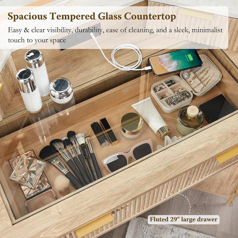 T4TREAM 48" Corner Makeup Vanity with Lighted Triple Mirror, Natural Oak...