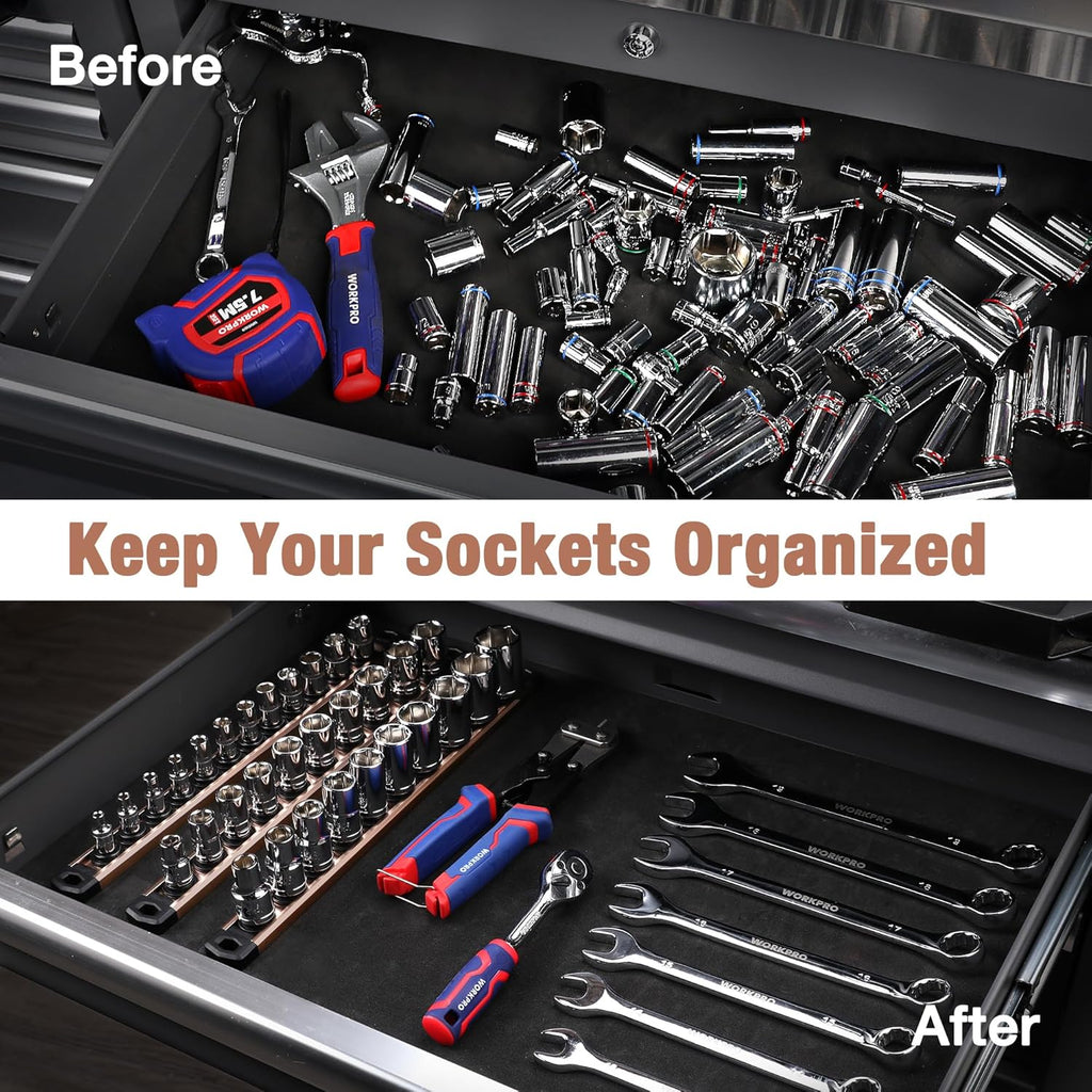 WORKPRO Magnetic Socket Organizer, 1/4-Inch Drive Aluminum Alloy Socket Rail, Heavy Duty Socket Holder, Socket Rack Kit 1/4-Inch x 12 Clips Champagne (Socket not Included)
