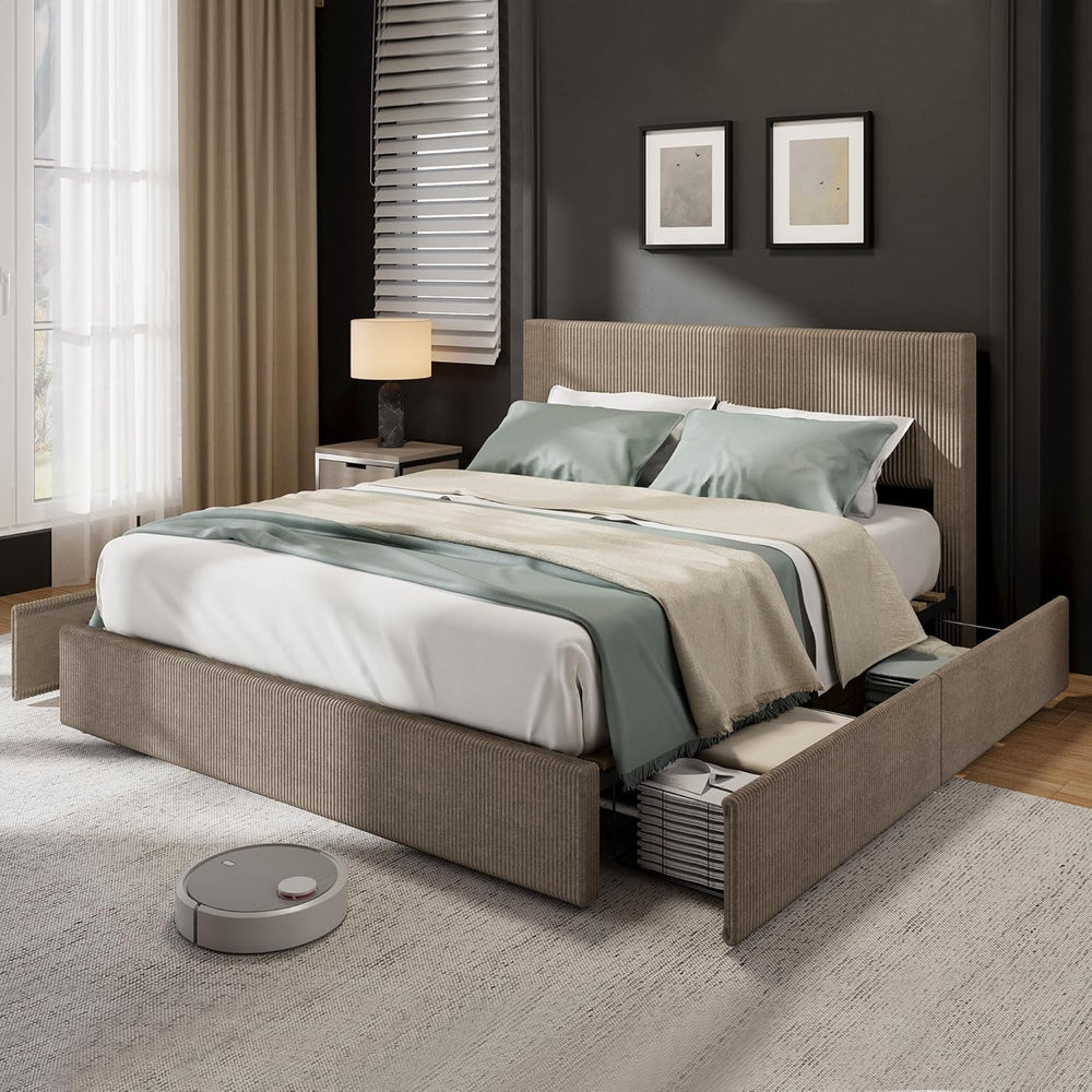 IDEALHOUSE Upholstered Queen Bed Frame with 4 Storage Drawers, Brown