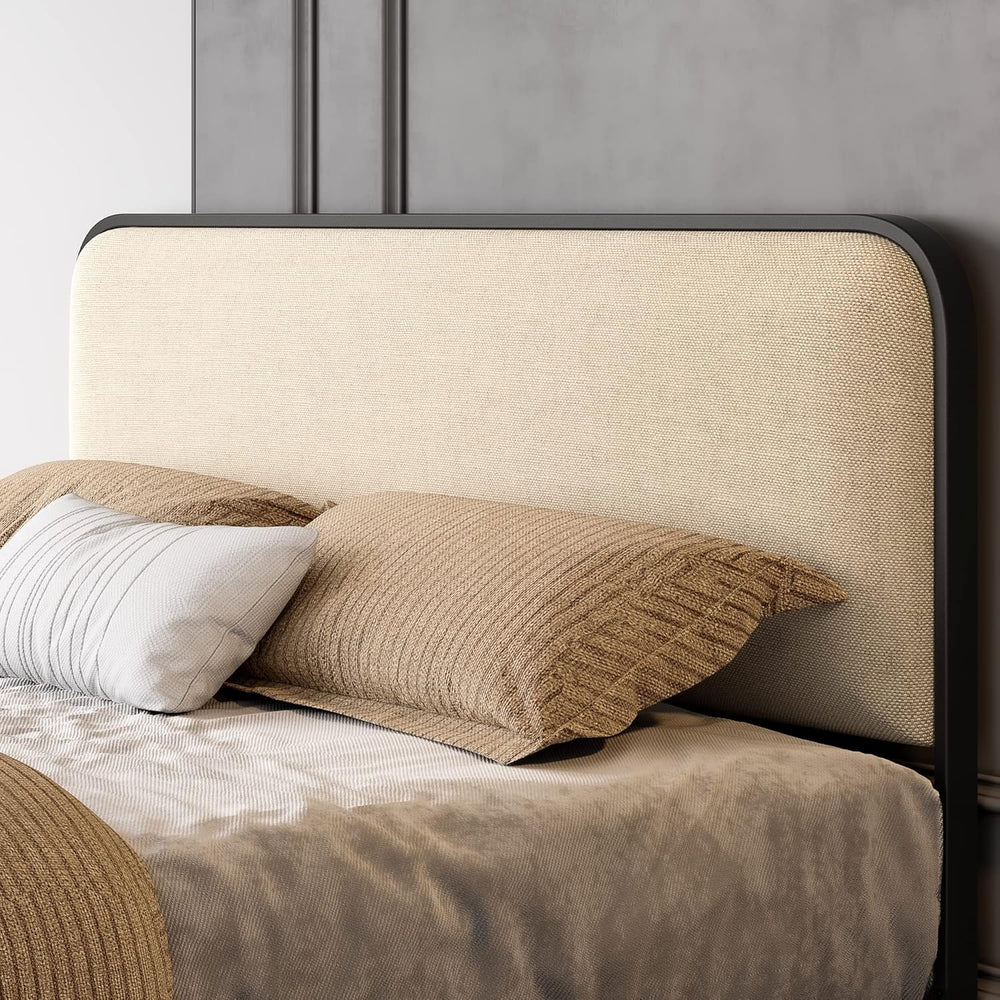 SHA CERLIN Queen Size Metal Bed Frame with Upholstered Headboard, Beige