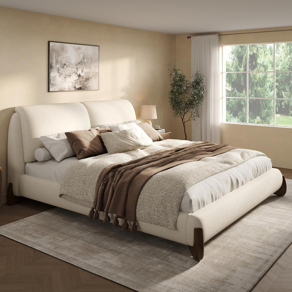 Merax King Chenille Platform Bed with 2 Removable Headboard Pillows, Beige