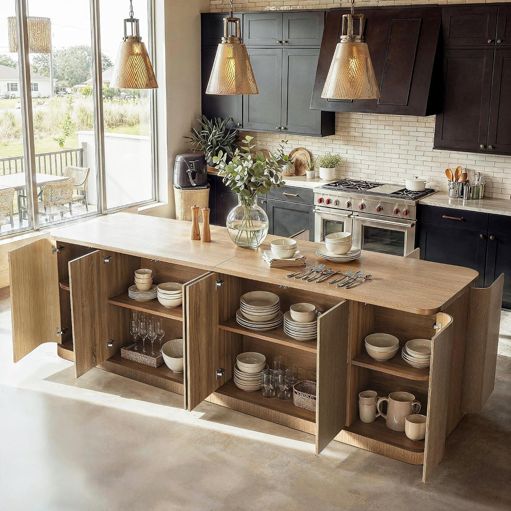 Homsee 110-Inch Large Kitchen Island with Seating & Storage, 8-Door Wood Island Prep Table in Oak Veneer, Curved Design Stationary Kitchen Islands w/Storage Shelves for Dining, Wood Grain
